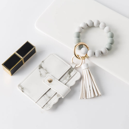 Silicone Tassel Beaded Bangle Wristlet Keychain Bracelet With Card Holder Wallet